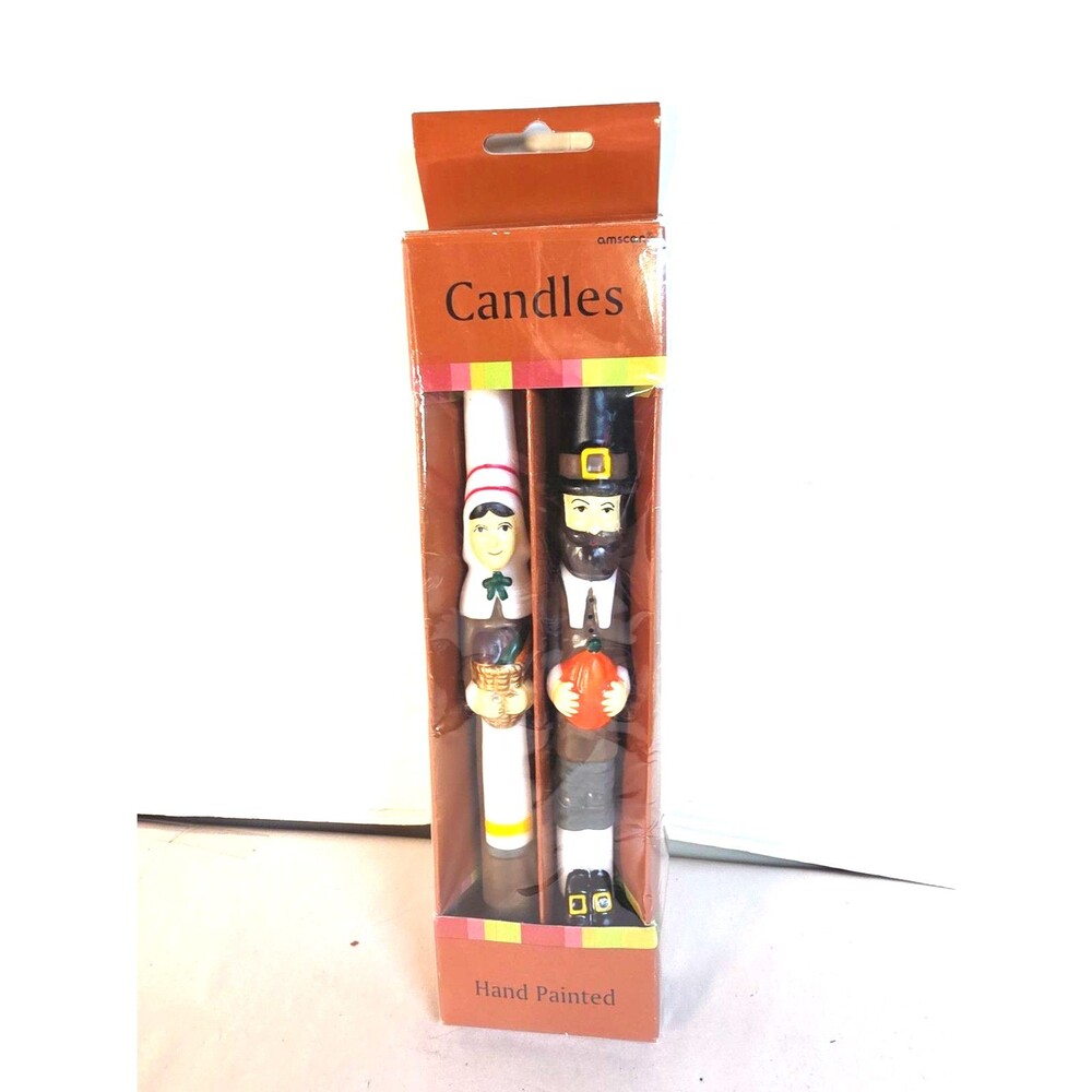 New VTG Amscan Thanksgiving Pilgrim Sculptured Taper Candles 10" Hand Painted
